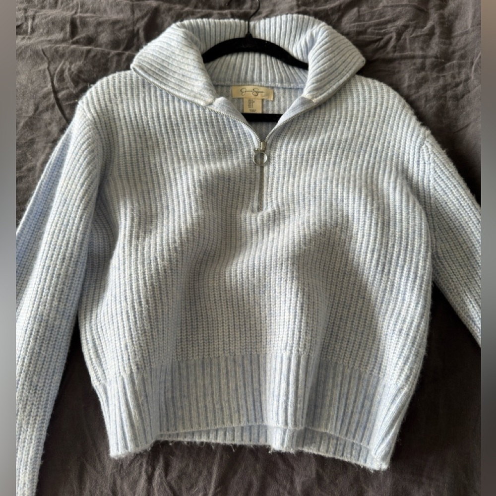 Jessica Simpson Blue‎ Knit Quarter Zip sweater silver zipper fold over neck